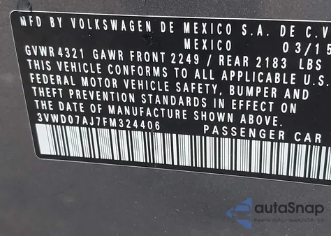 2015 Volkswagen Jetta 1.8T Se из США, поврежденный, VIN 3VWD07AJ7FM324406